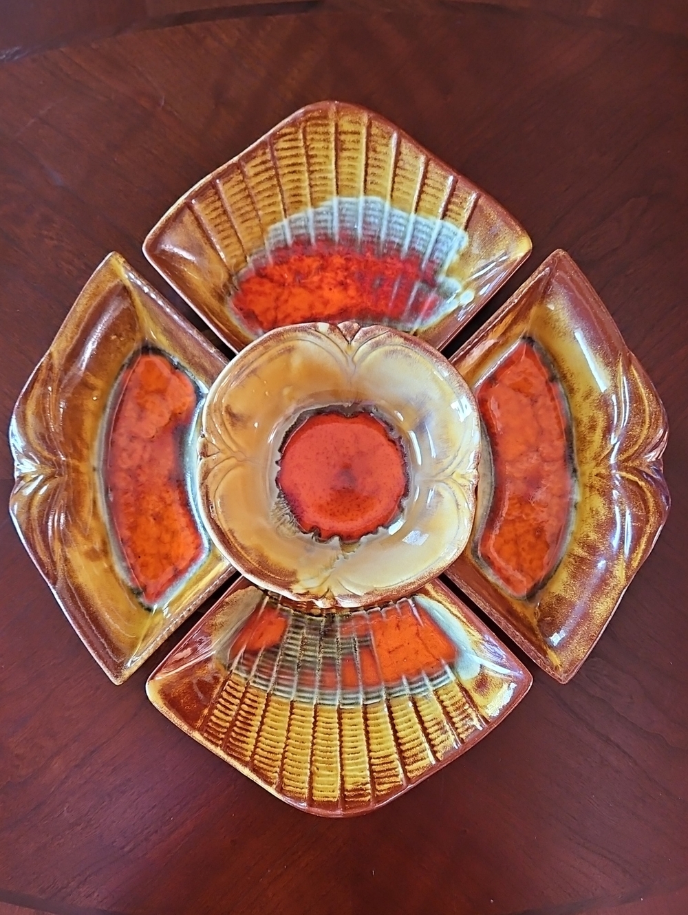 MCM Lava Glaze California Pottery 1960s Vintage 5-Piece Chip & Dip Serving Set